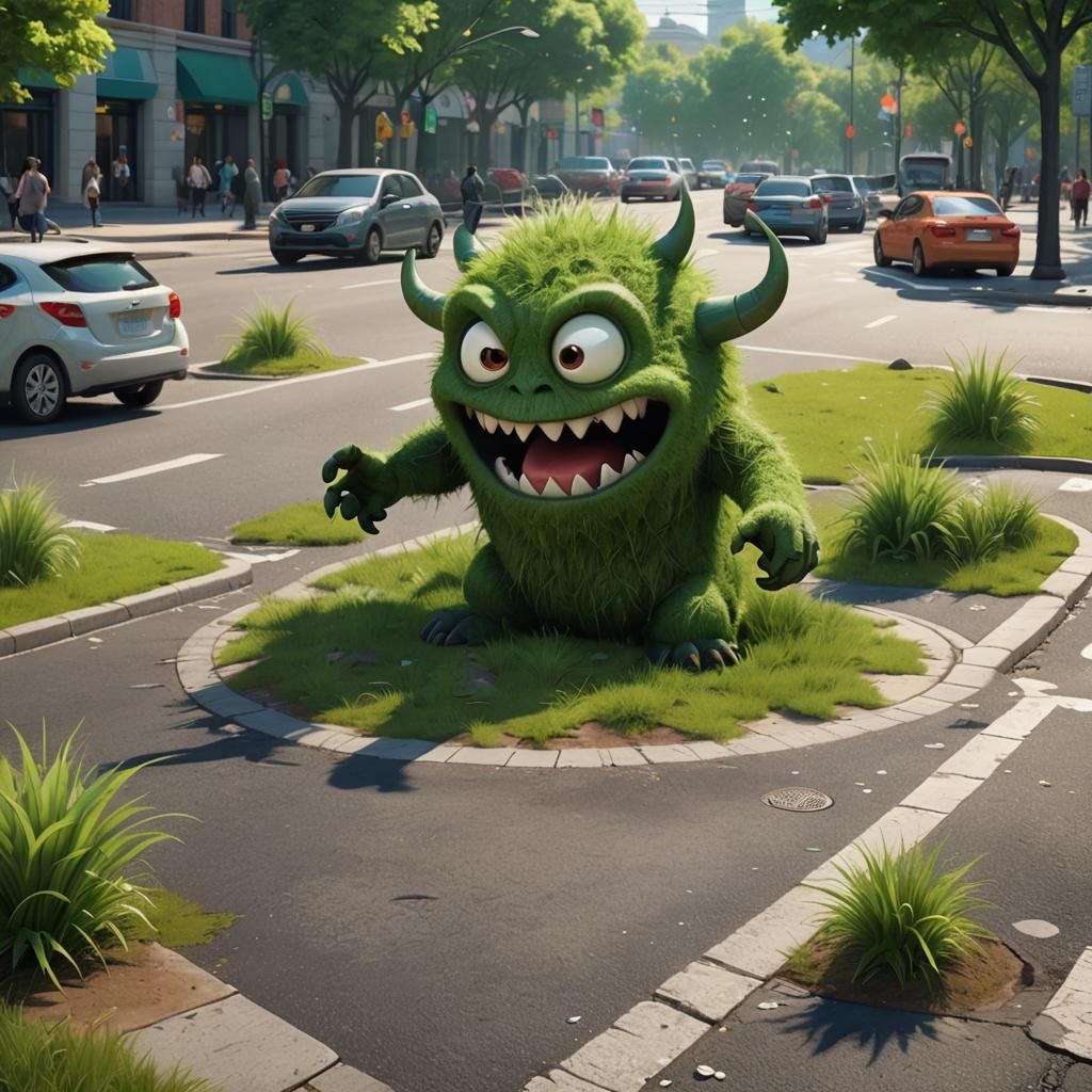 Cute Grass Demon Erupts in City Park in 3D