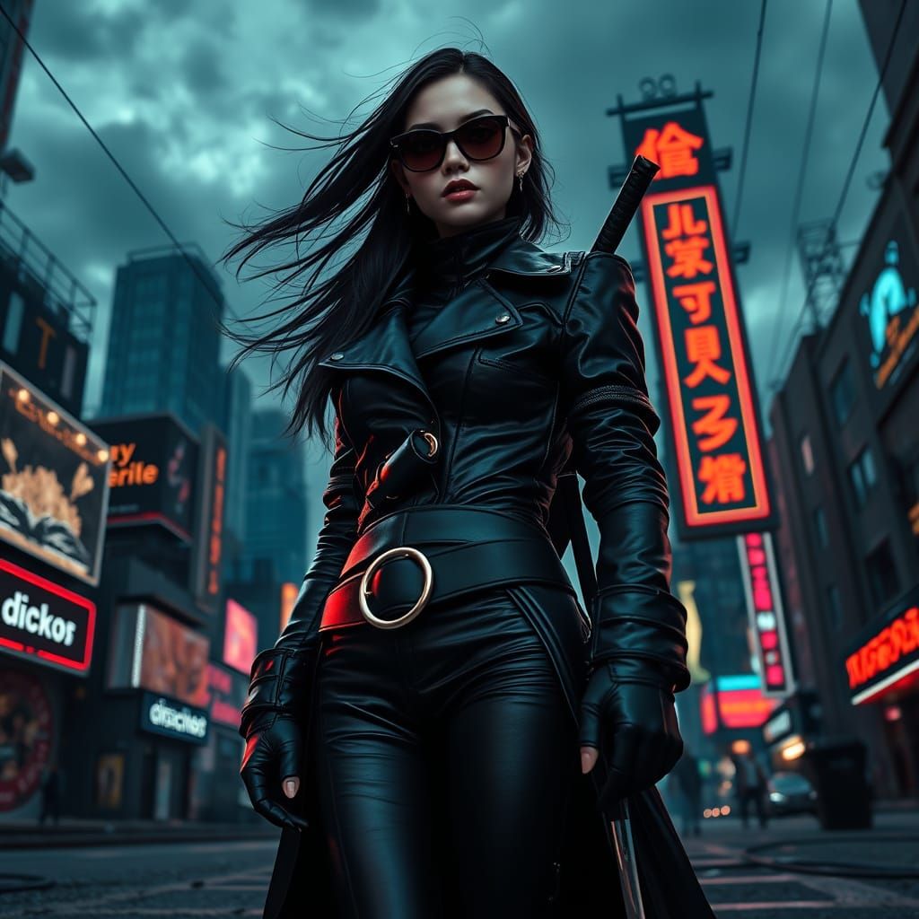 Cyber-Goth Warrior in Neon Dystopian City