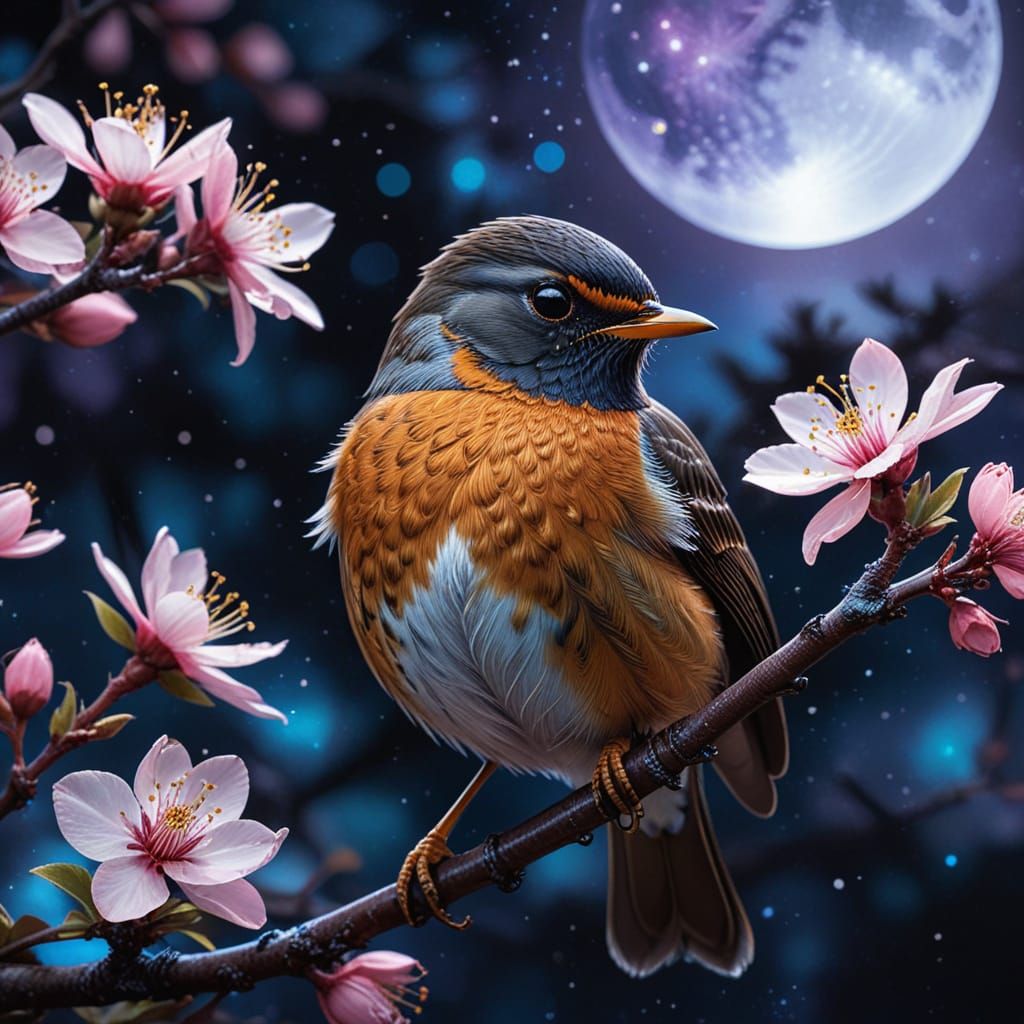 Fantasy American Robin in Cherry Blossoms under Full Moon