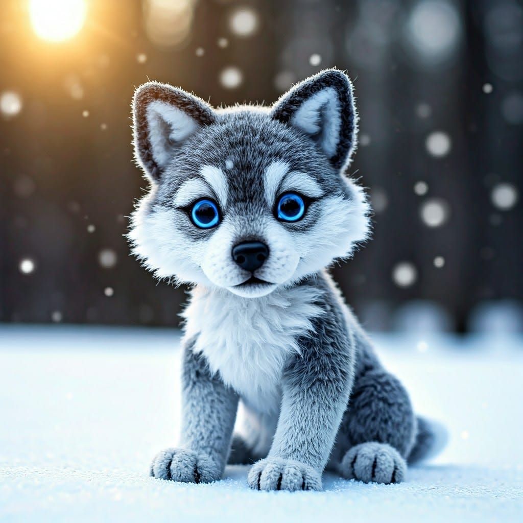 Hyperrealistic Crochet Wolf Pup in Winter Wonderland