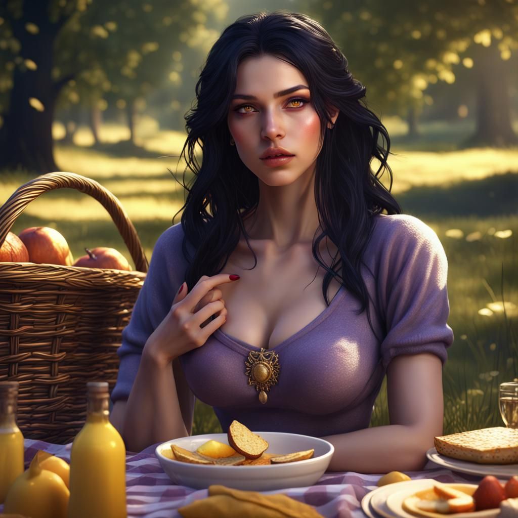 Beautiful Girl at Summer Picnic, Detailed Digital Art