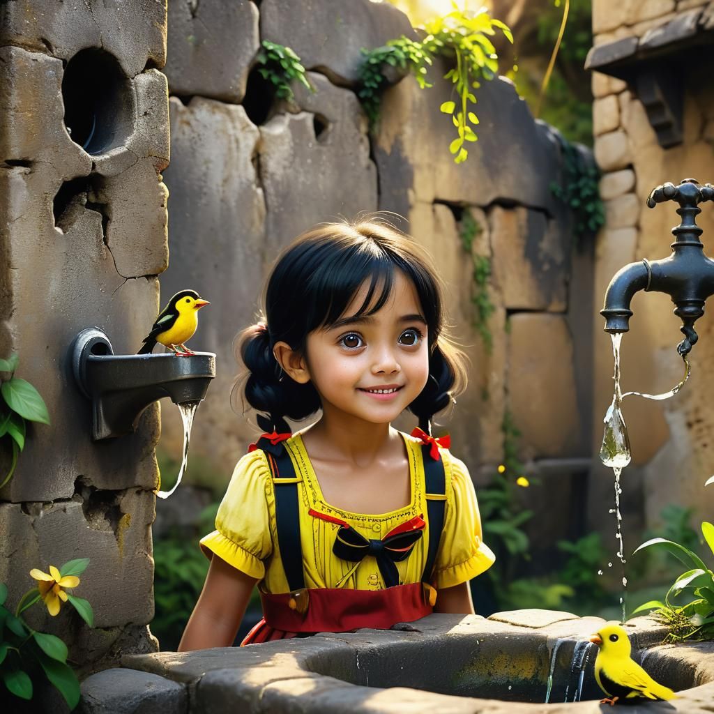 Girl and Bird at Water Fountain: Digital Matte Painting