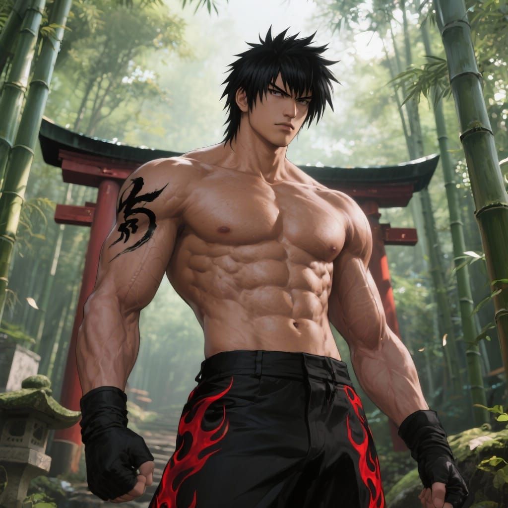 Muscular Jin Kazama in Bamboo Forest