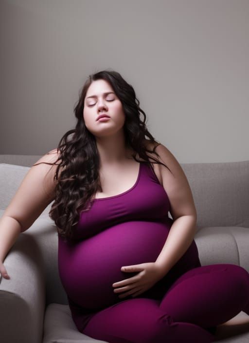 Pregnant Woman Crying on Couch in Hyper-Realistic Style