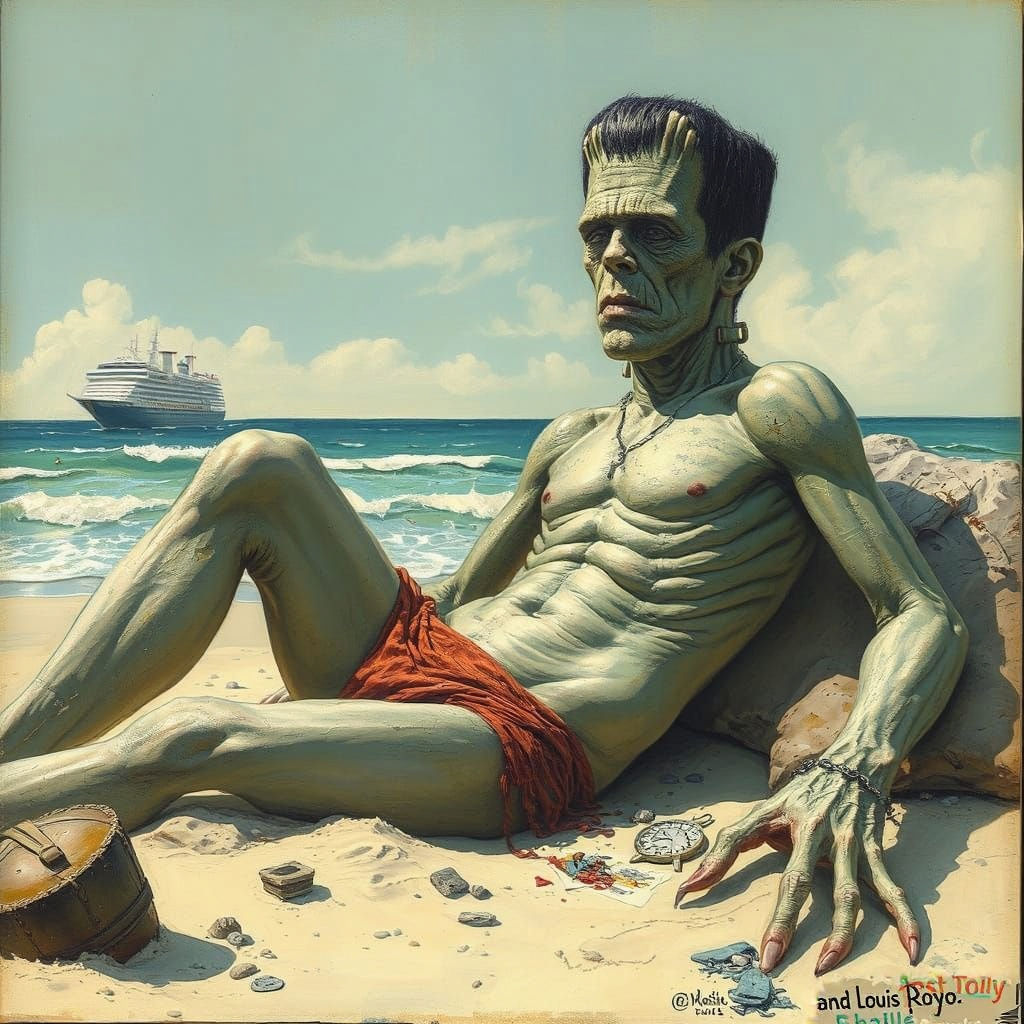 Frankenstein's Monster Relaxing on a Beach