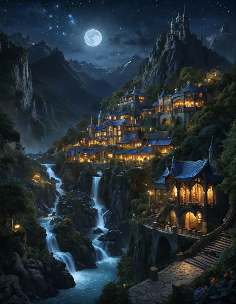 Rivendell Glitters at Night in Detailed Fantasy Art