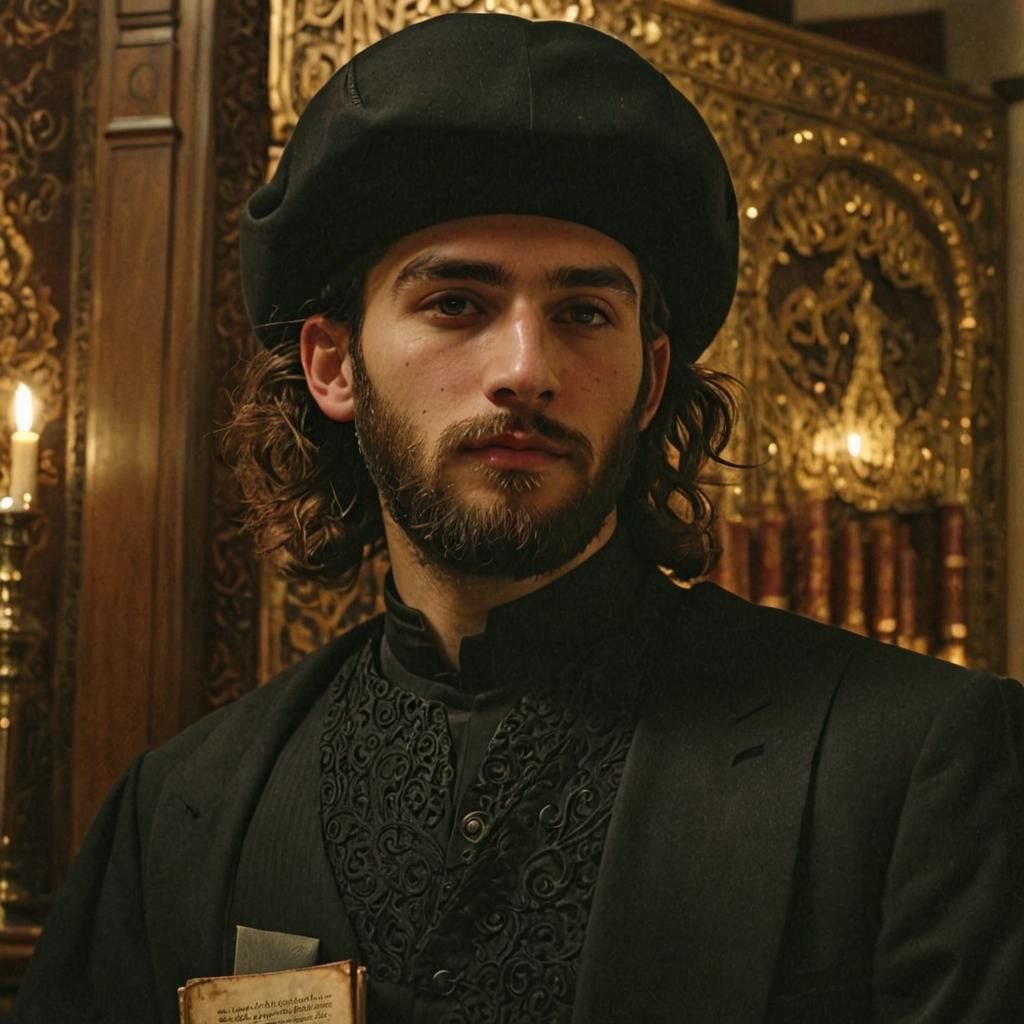 Young Orthodox Rabbi in Dimly Lit Synagogue
