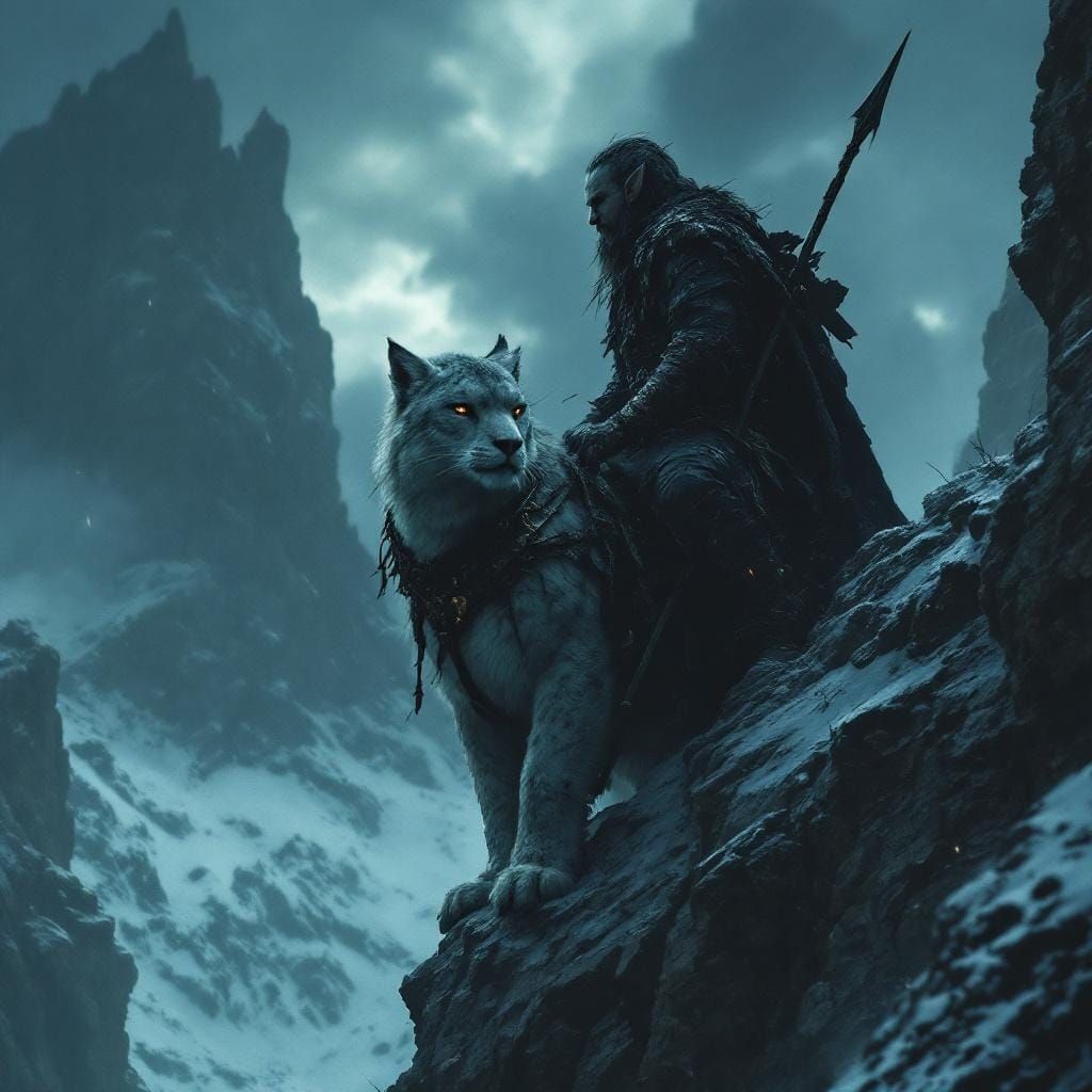 Elfin King on Snow Leopard in Moody Night Scene