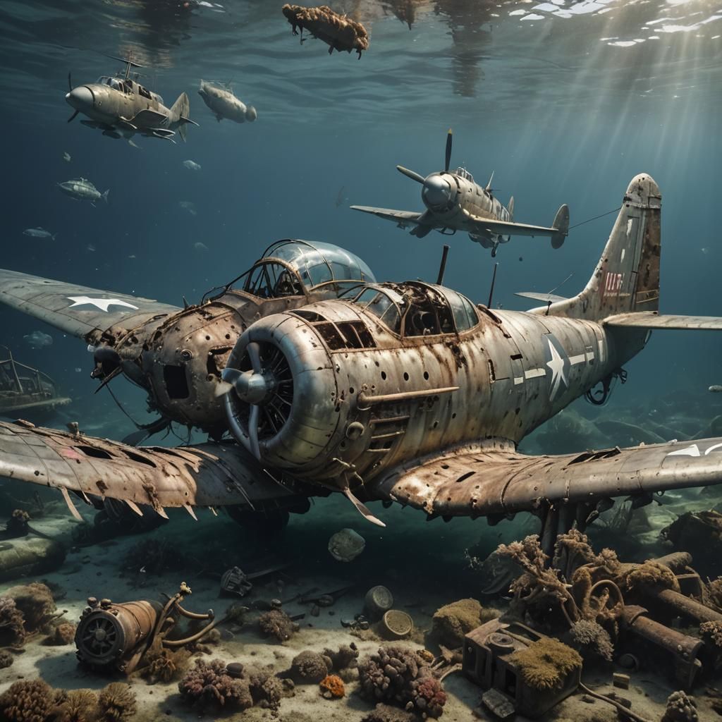 Underwater Wreck: Hyperrealistic Fighter Plane Masterpiece