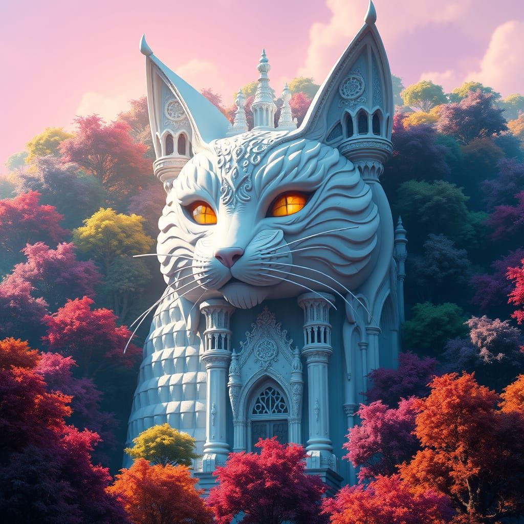 Regal Feline Castle Amidst Enchanted Forest