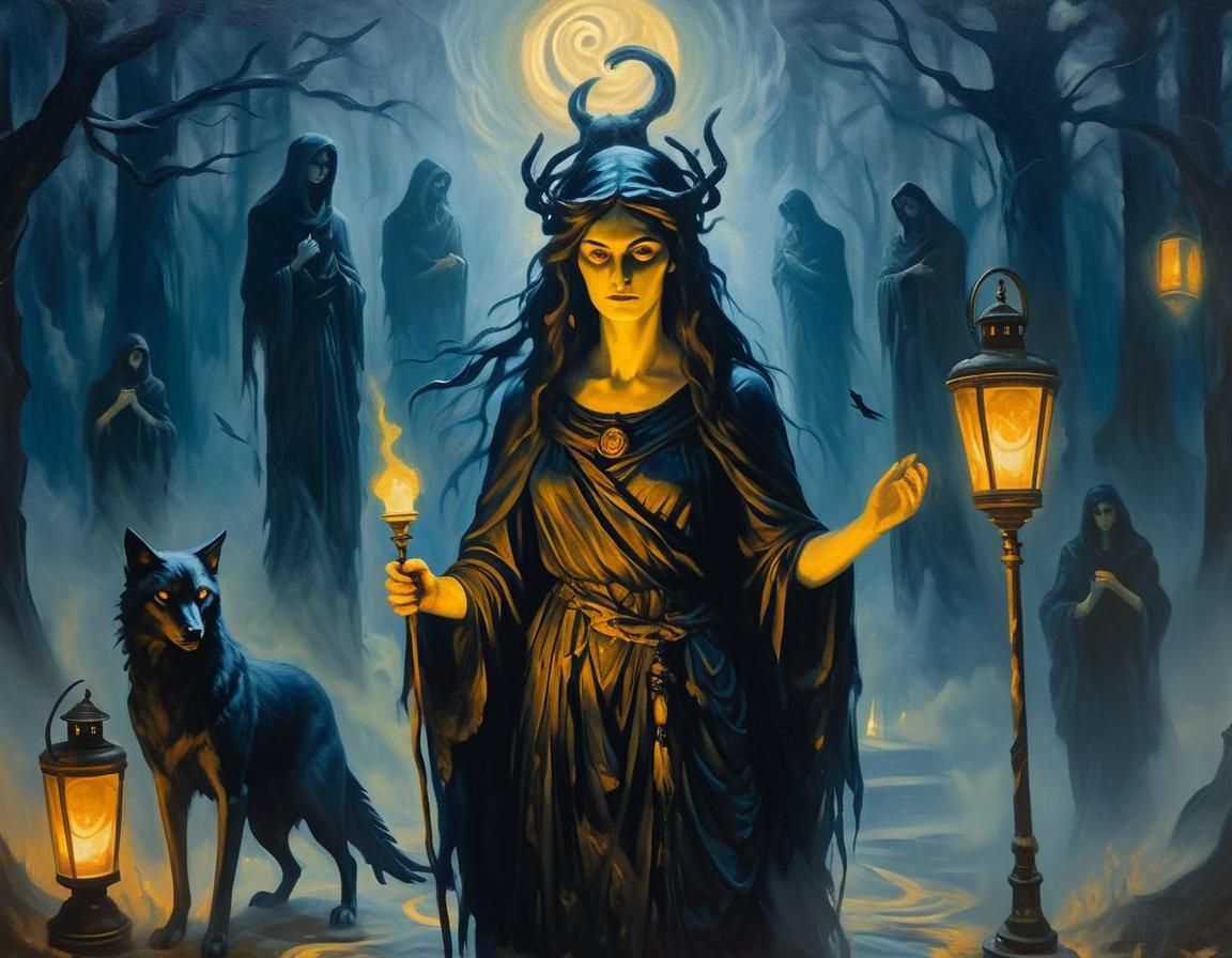 Hecate at Crossroads: Neoclassical Impressionist Oil Paintin...