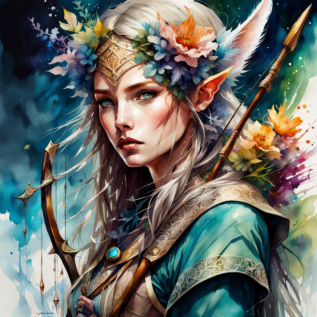 Fantasy Elf Archer in Watercolor Style