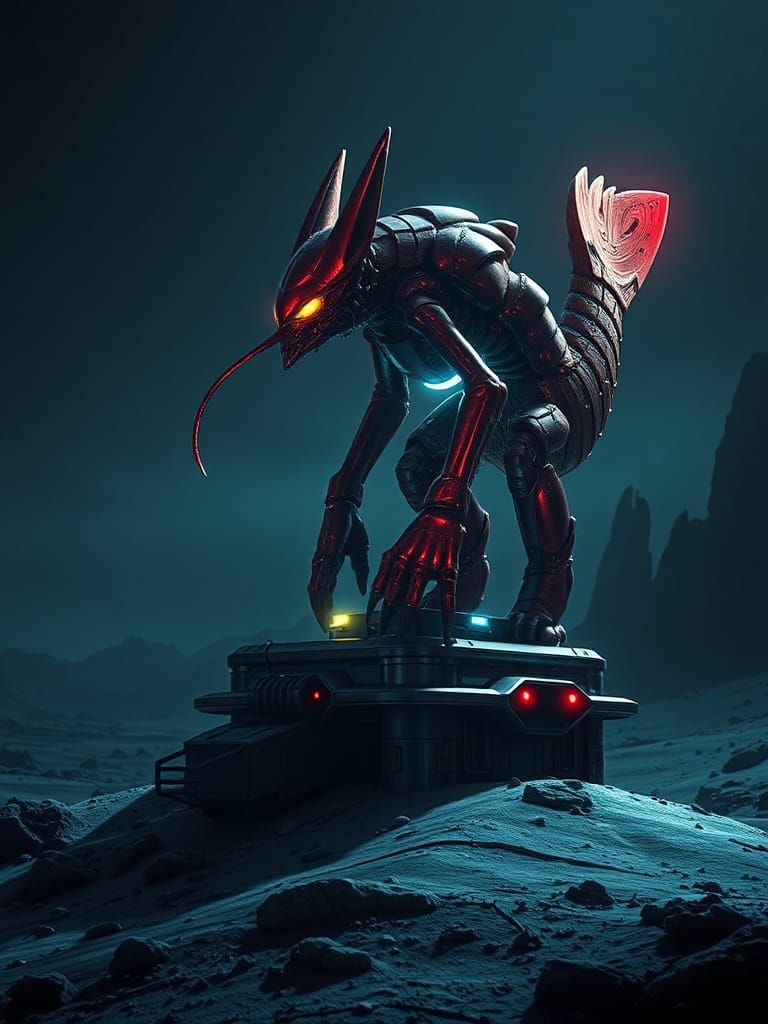 Crimson Lobster-Fox Hybrid on Metallic Moonbase
