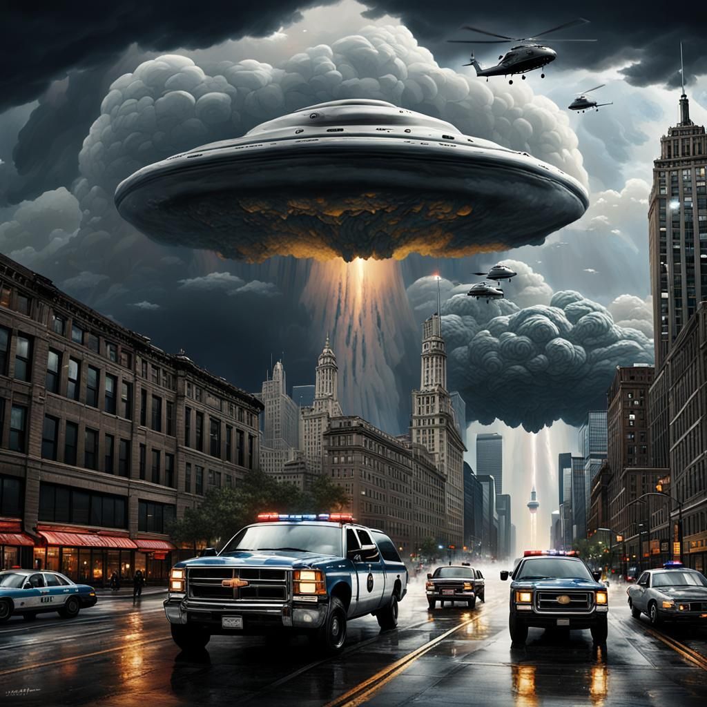 Sinister UFO Emerges Over Chicago in Hyperrealistic Art