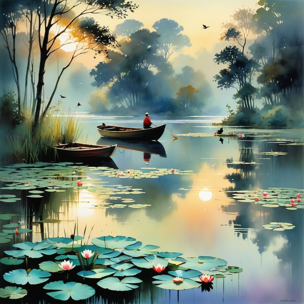 Idyllic Lakeside Scene in Intricate Detail