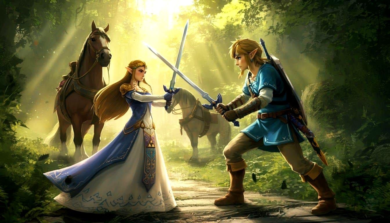 Zelda and Link Sword Fight in Hyperreal Forest