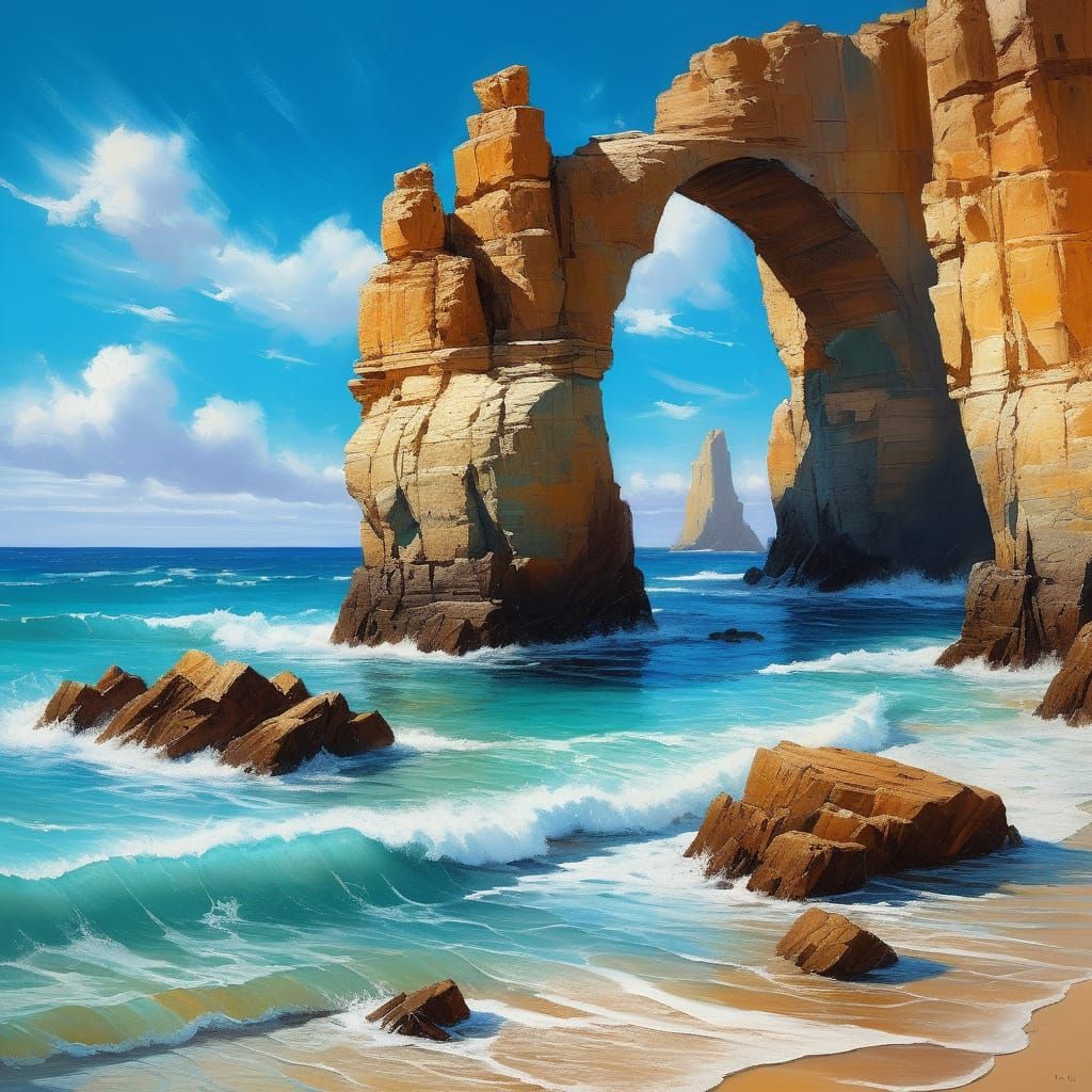 Dramatic Coastal Archway with Turquoise Pool - Painterly Dig...