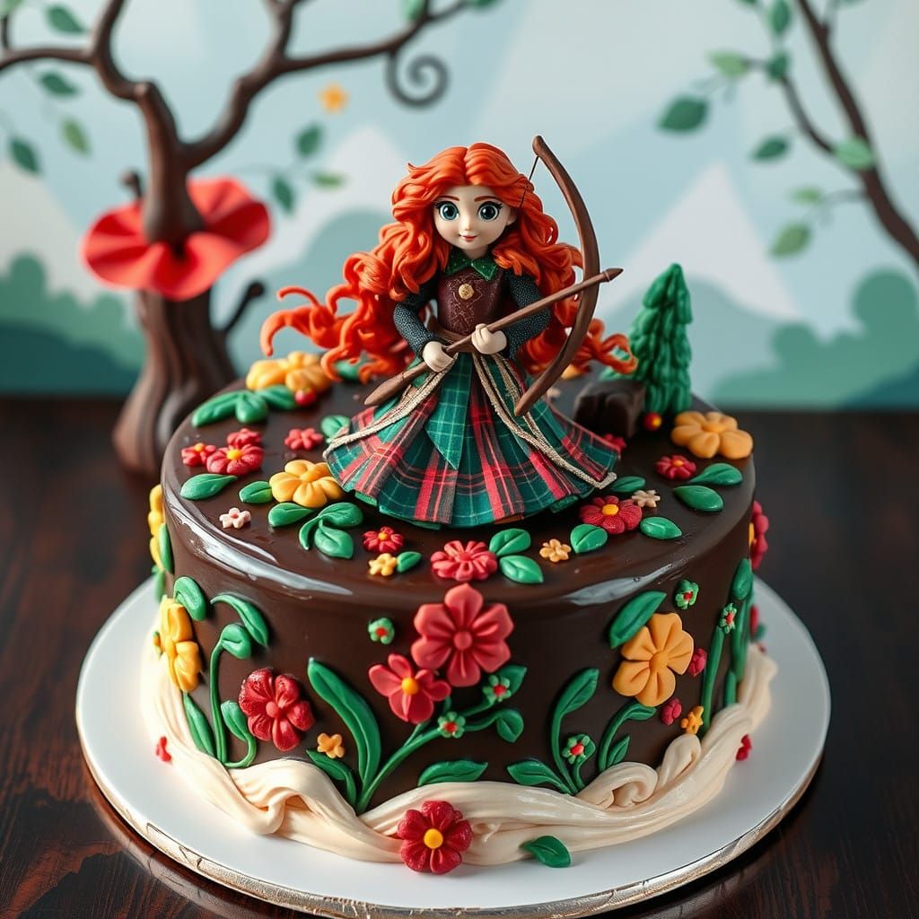 Whimsical Chocolate Cake with Merida and Sugar Landscapes