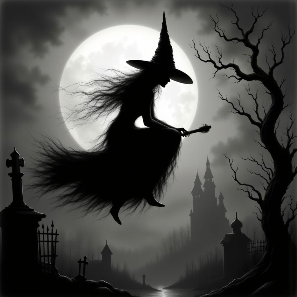 Eerie Witch Flight Under Full Moon in Dark Fantasy Style