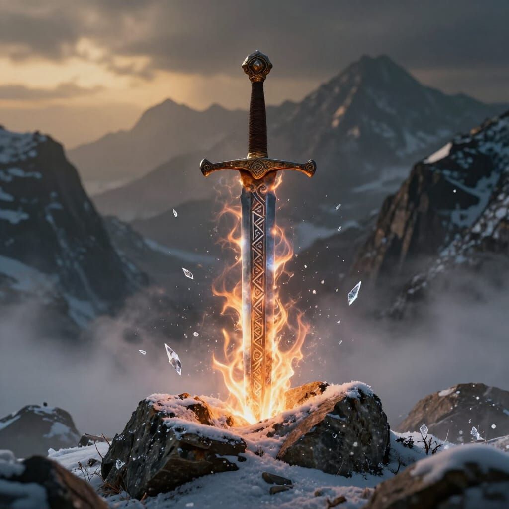 Ethereal Flaming Sword Awakens on Snowy Peak