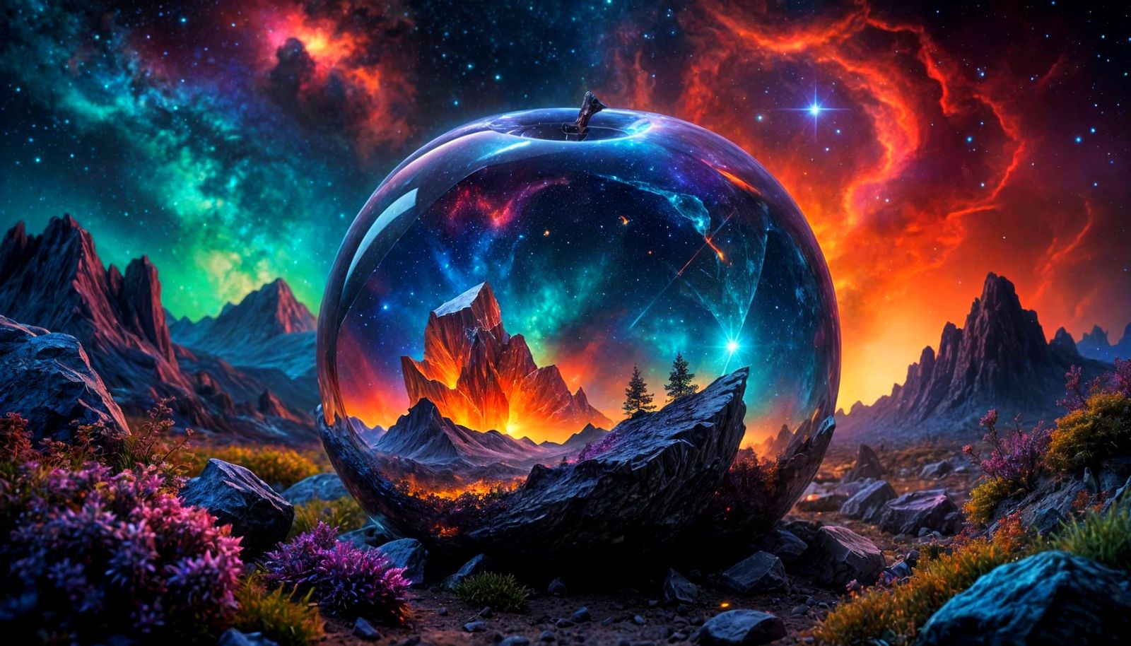 Cosmic Apple in Vibrant Nebula Landscape