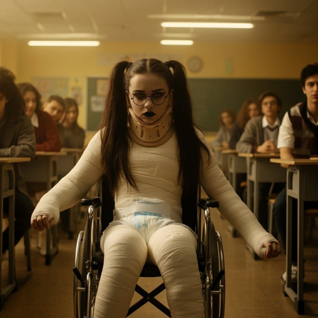 Goth Girl in Full Body Cast in Classroom