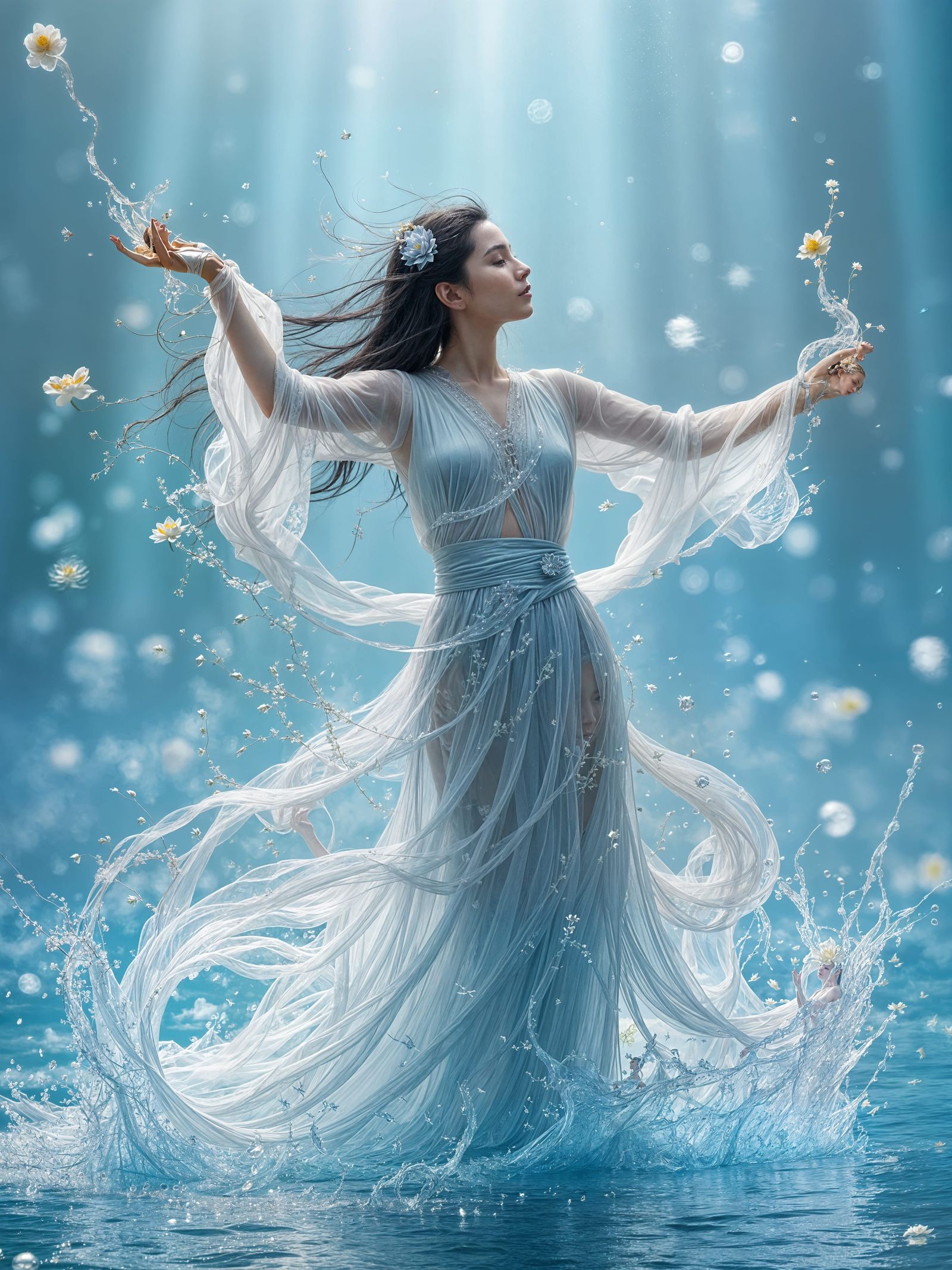 Oriental Beauty Dances on Crystal Lake in Ethereal Fantasy A...