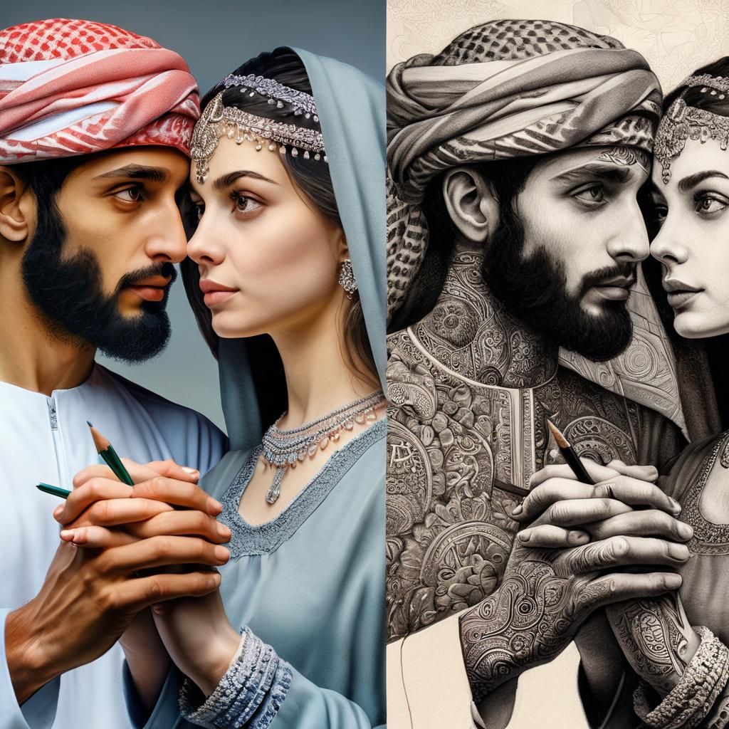 "A painting of a couple holding hands and gazing into each o...