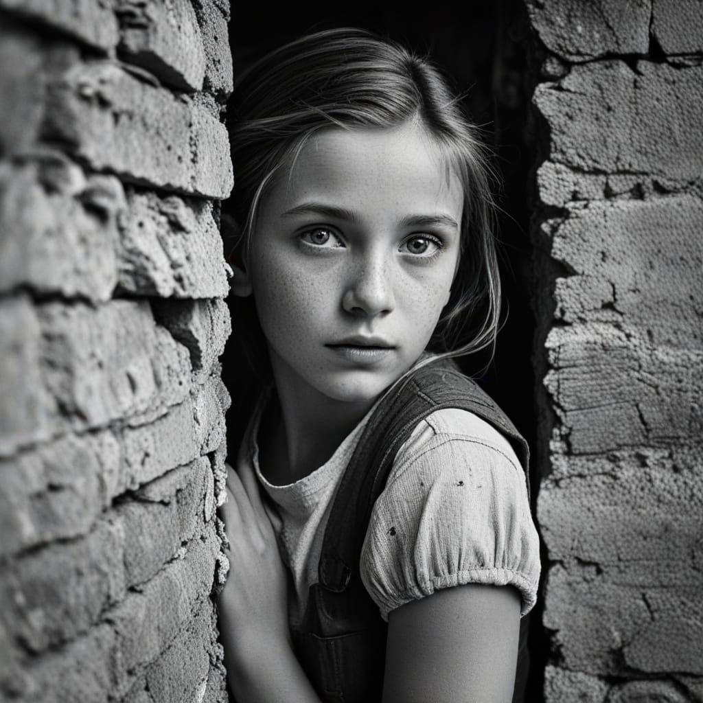 Film Noir Portrait of Girl in War-Torn Village