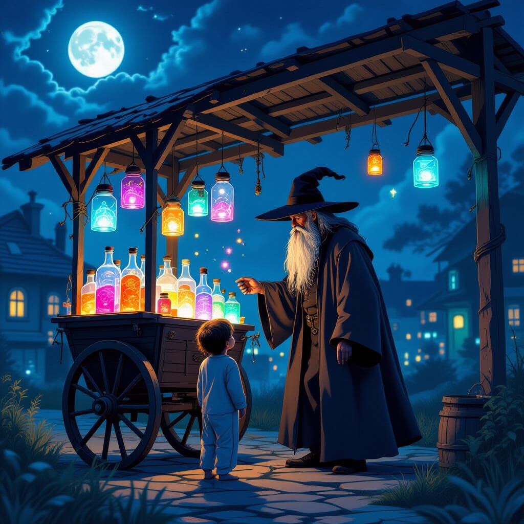 Mystical Dream Cart at Night in Surreal Style