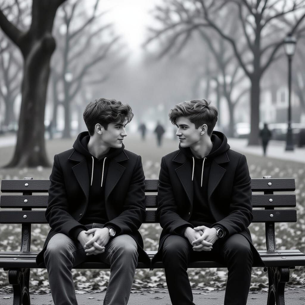 Poignant Moment: Two Young Men in Misty Park
