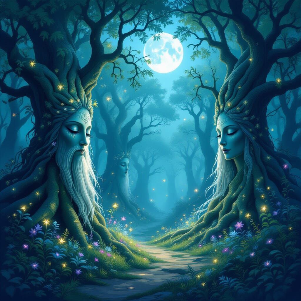 Mystical Forest Clearing with Moonlit Whispering Trees
