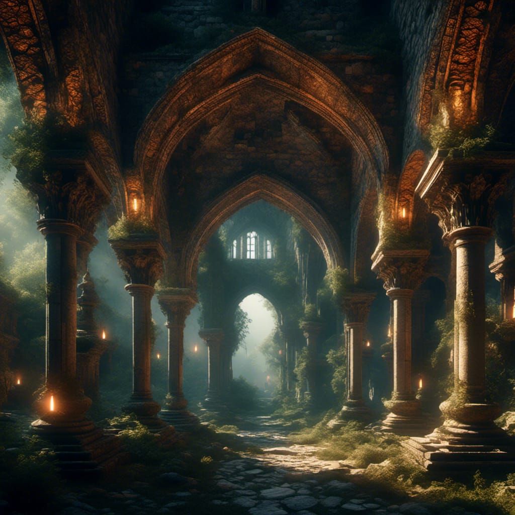 Medieval Sanctuary: Stone Arches in a Digital Painting