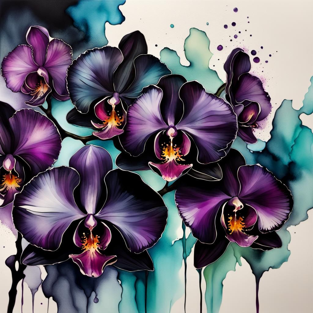 Dramatic Black Orchid in Alcohol Ink Style