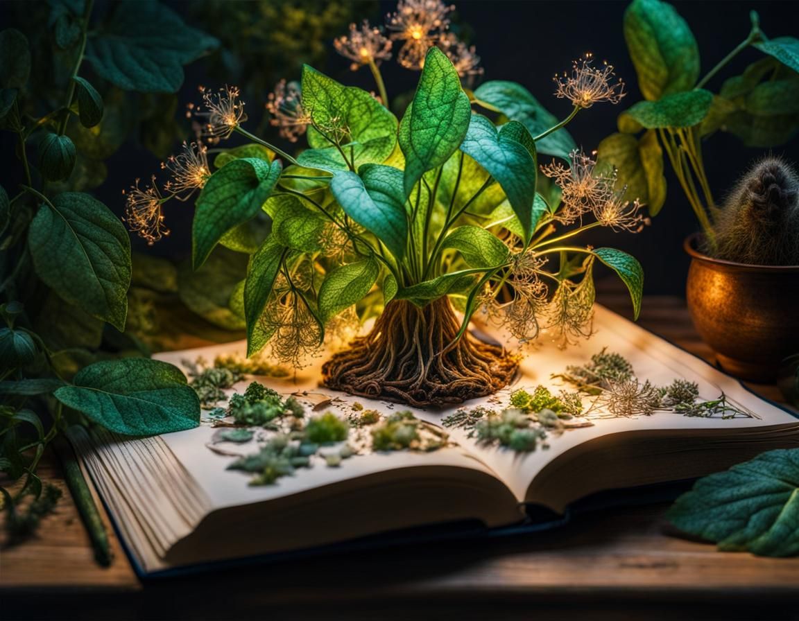 Glowing Magical Plant with Botanical Art Sketches