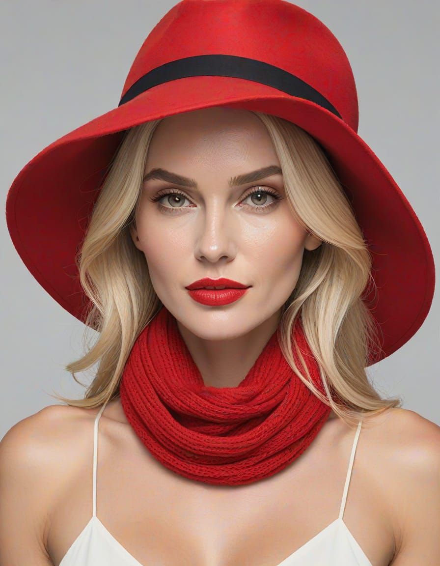 Blonde Woman in Red Hat and Scarf Portrait