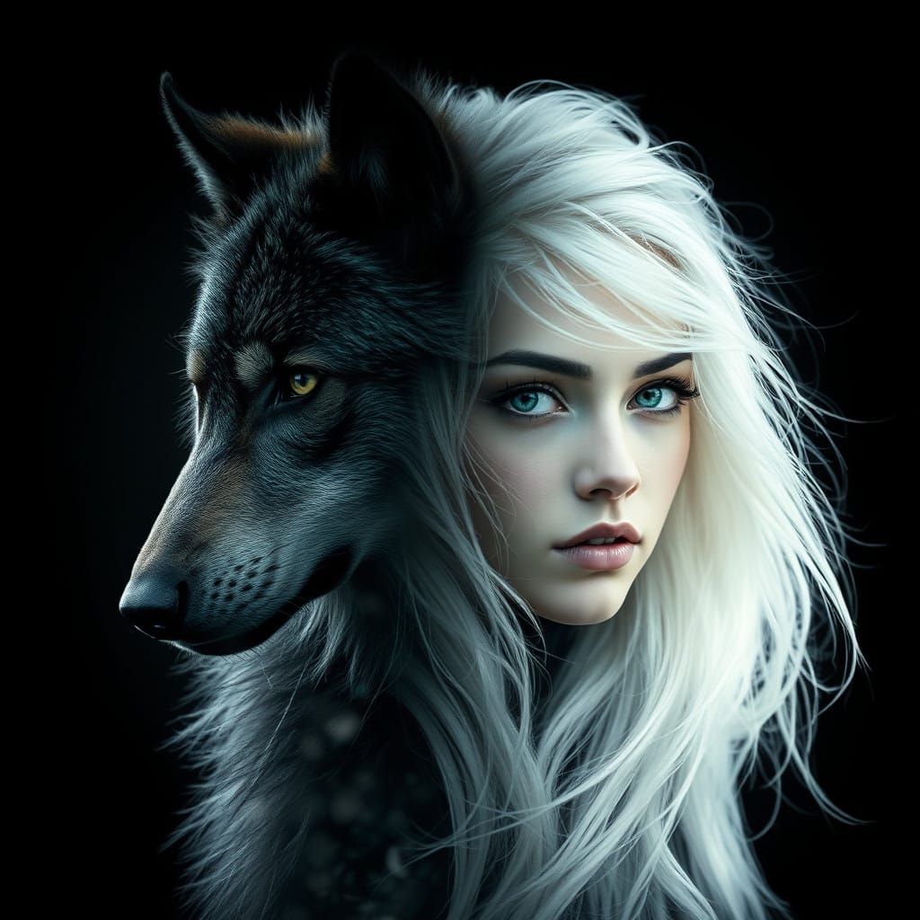 Enchanted Double Exposure of Wolf and Elf