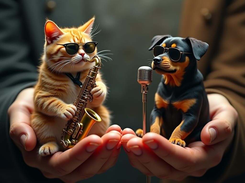 Miniature Jazz Bar with Cat Saxophonist and Rottweiler Singe...
