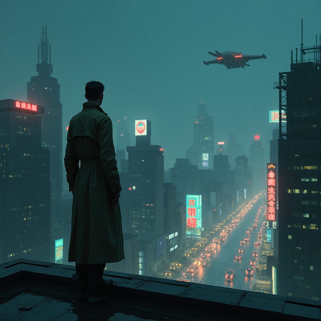 Futuristic Cityscape at Night in Sci-Fi Noir Style