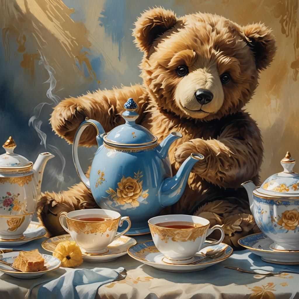 Teddy Bear's Tea Party: Hyperrealistic Oil Painting