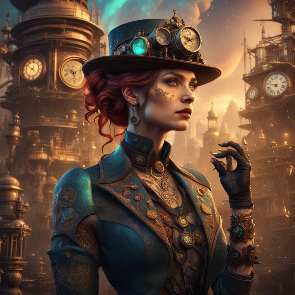 Steampunk Tattooed Woman in Iridescent Hues