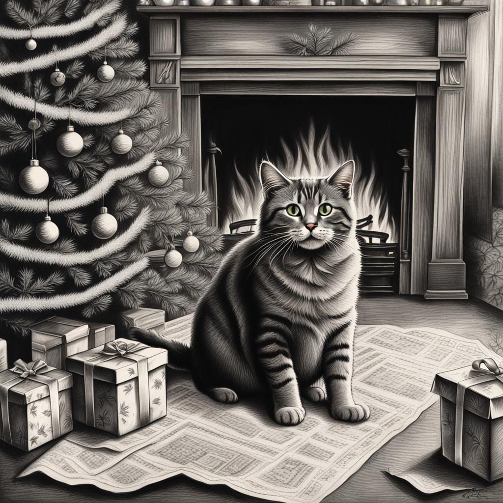 Hyperdetailed Charcoal Cat Tearing Christmas Present
