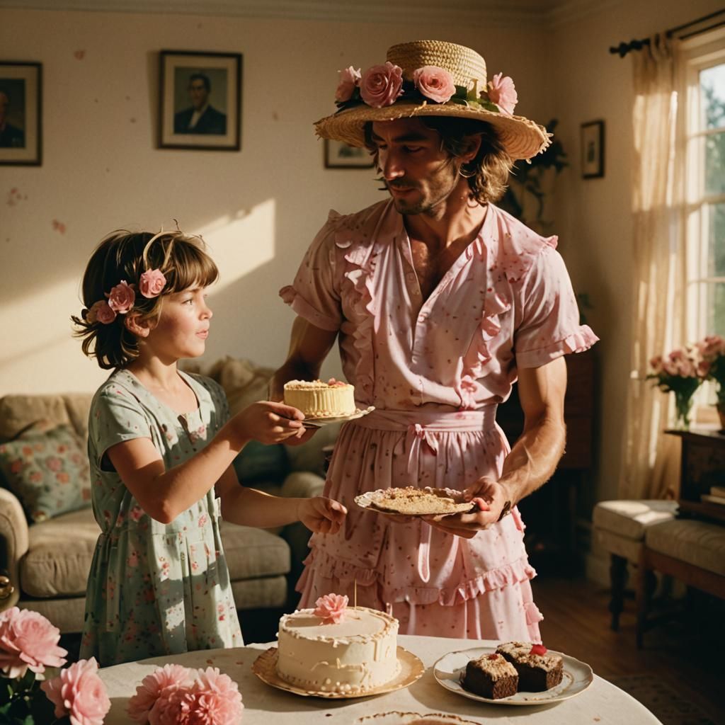 Boy in Frilly Dress Offers Cake: Cinematic Film Still