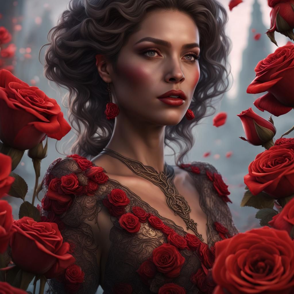 Eternal Beauty Among Red Roses: Detailed Matte Painting