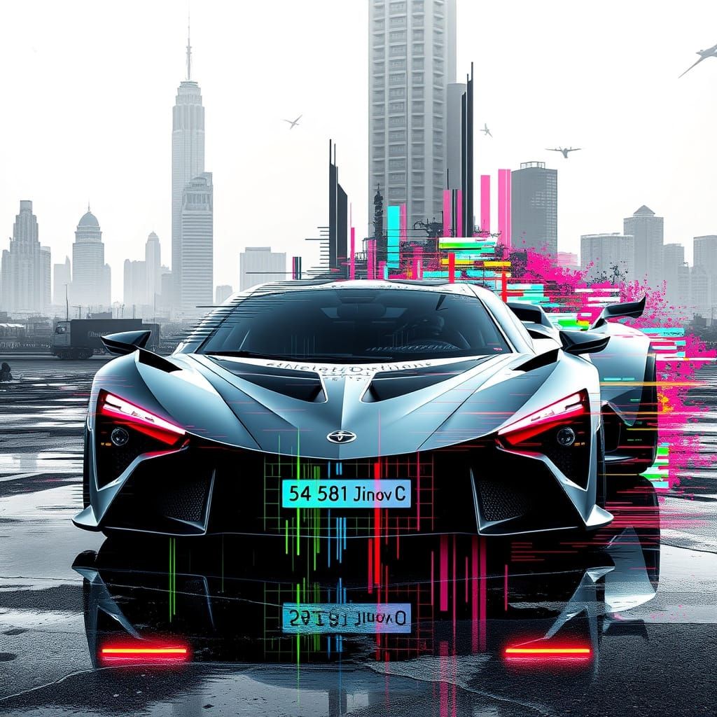 Glitch art. A sleek, futuristic sports car is caught mid-tra...