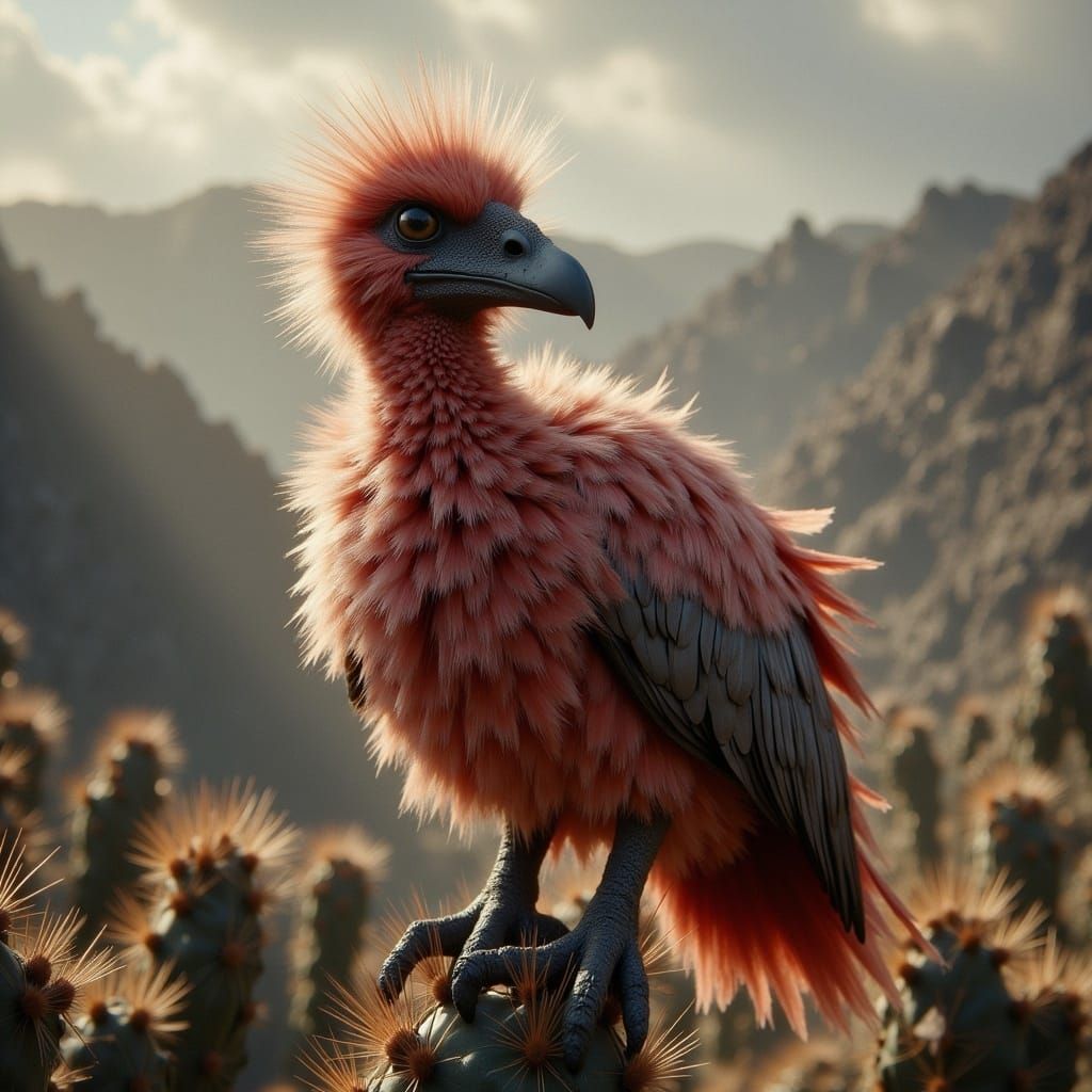 Colorful Fluffy Vulture on Cactus Perch