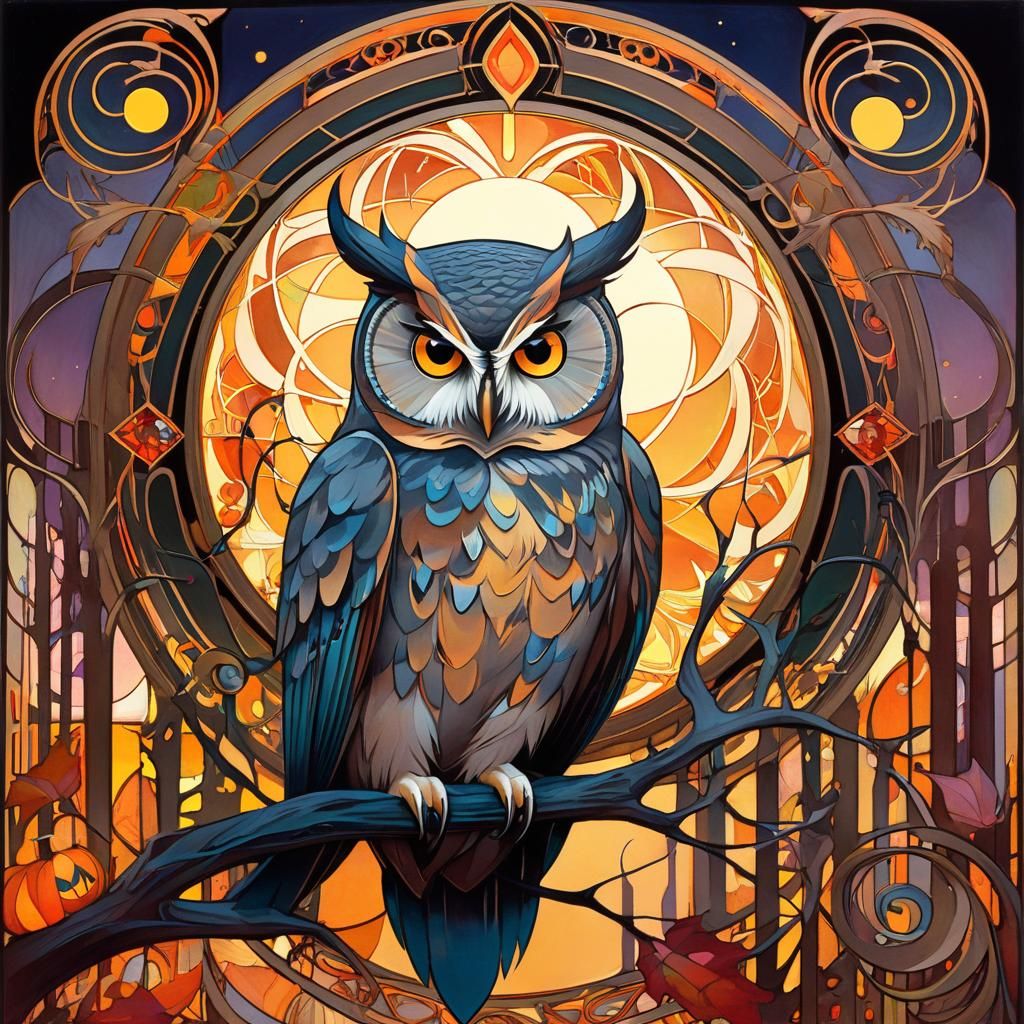 Twilight Owl Prophecy in Art Nouveau Style