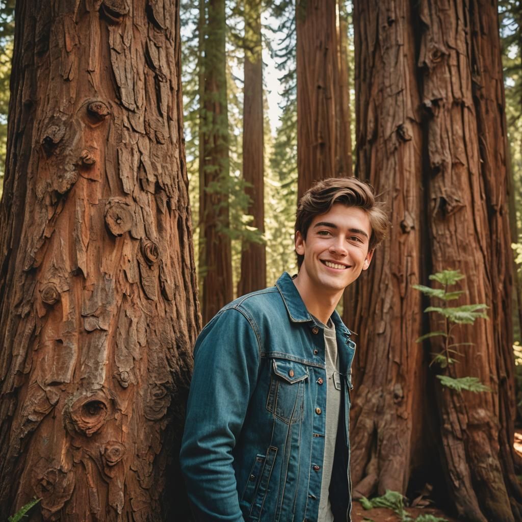 Youthful Gentleman Beside a Redwood in Earthy Tone Portrait