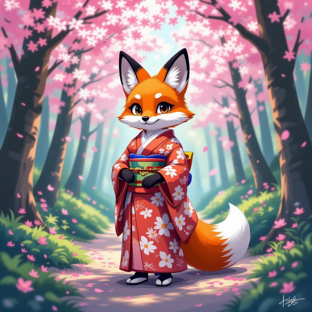 Vibrant Fox Spirit in Blossom Forest