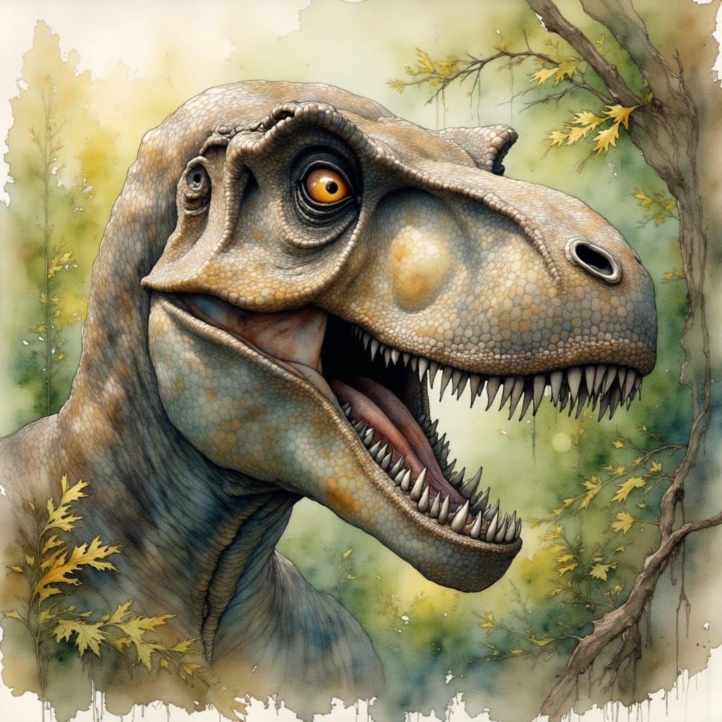 Tyrannosaurus Rex in Prehistoric Landscape, Watercolor Style